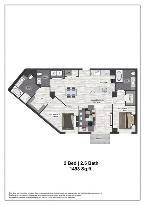Floor plan for 2 beds, 2 baths, 1493 sqft